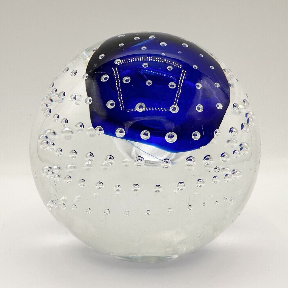Adam Jablonski Art Glass Paperweight Controlled Bubble Blue Clear Poland 3”